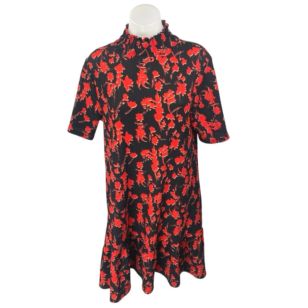 Zara Black Red Floral Short Sleeve Ruffle Turtleneck Mini Shift Dress Size M